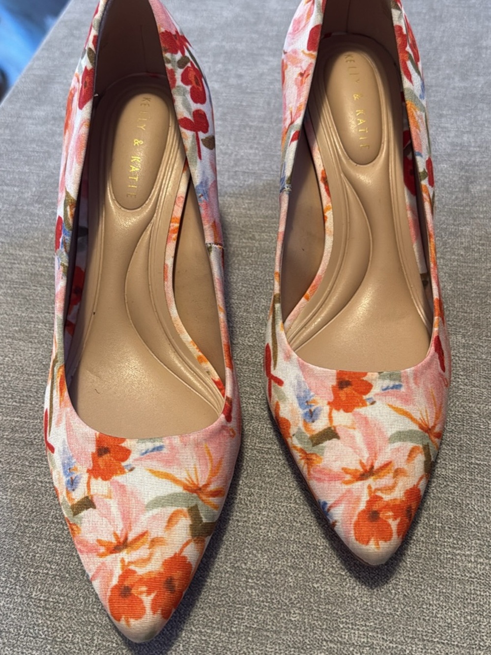 Kelly & Katie Pink Floral Pointed-Toe Chunky Heels with Orange Accents
